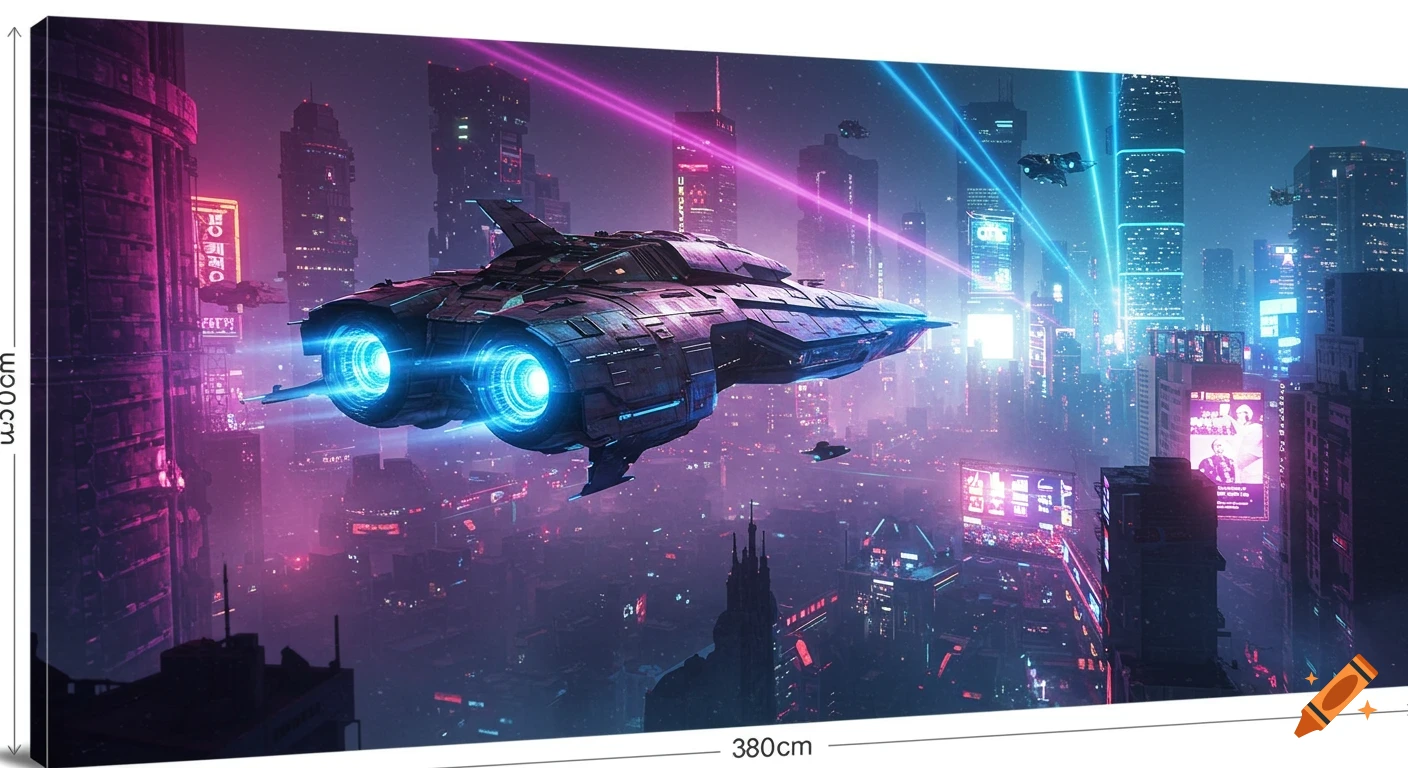 A sleek, futuristic spaceship with glowing blue engines flying over a vibrant neon-lit cyberpunk city at night.