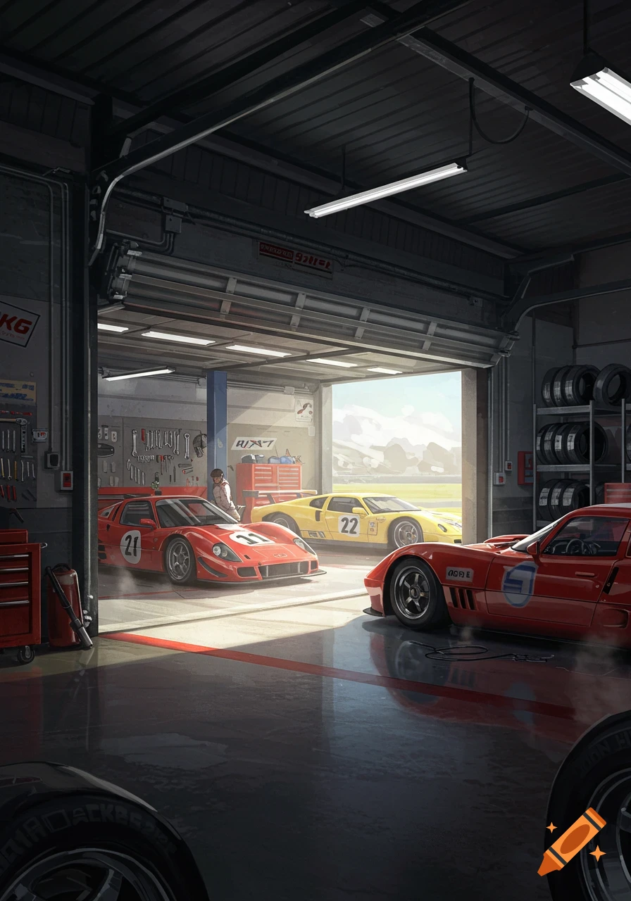 Several classic race cars, including red and yellow models with numbers 21, 11, and 22, are parked in a detailed garage with an open bay looking out onto a sunny racetrack. A person stands near one of the red cars.