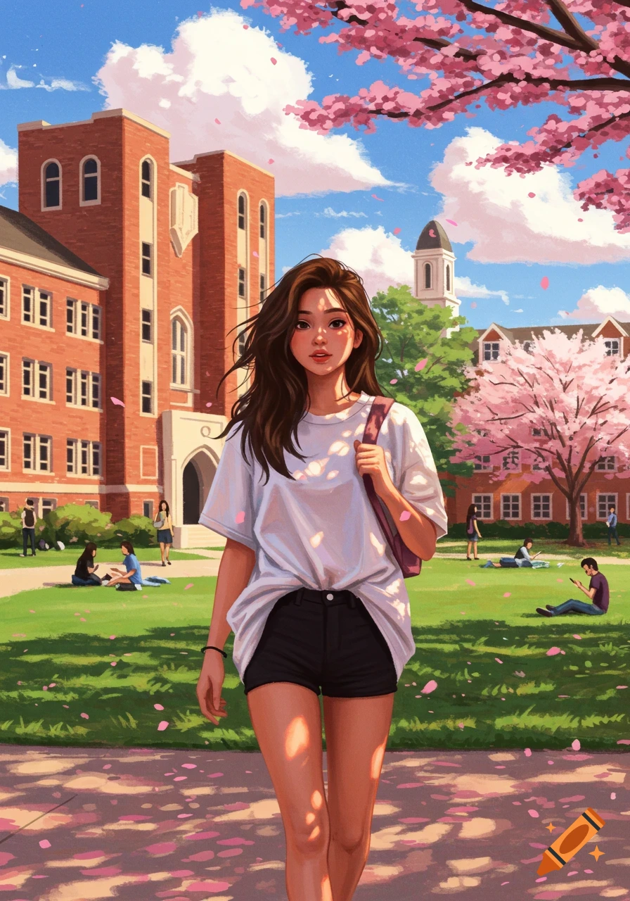 Anime-style illustration of a young woman in a white t-shirt and black shorts walking on a university campus with cherry blossoms.