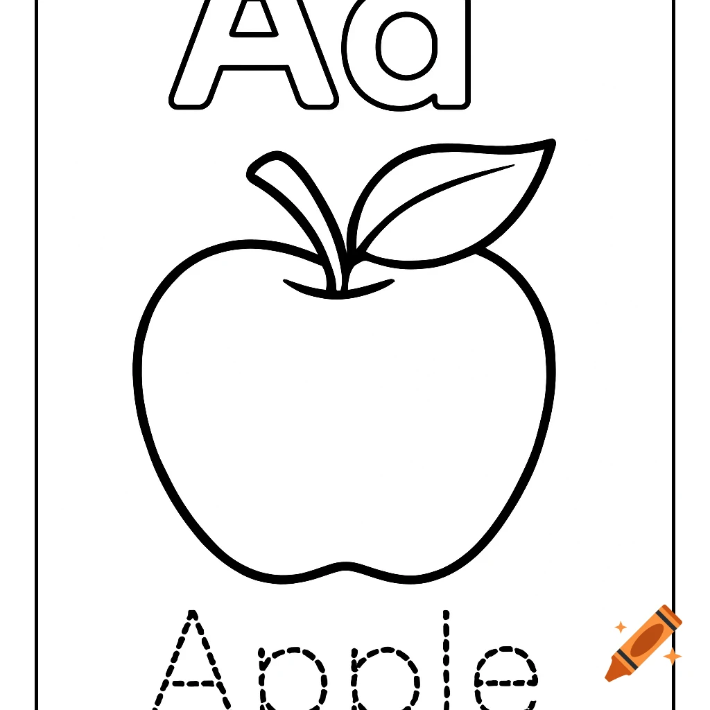 Black and white children's coloring page showing the letter Aa, a simple apple, and the word 'Apple' in dotted tracing font.