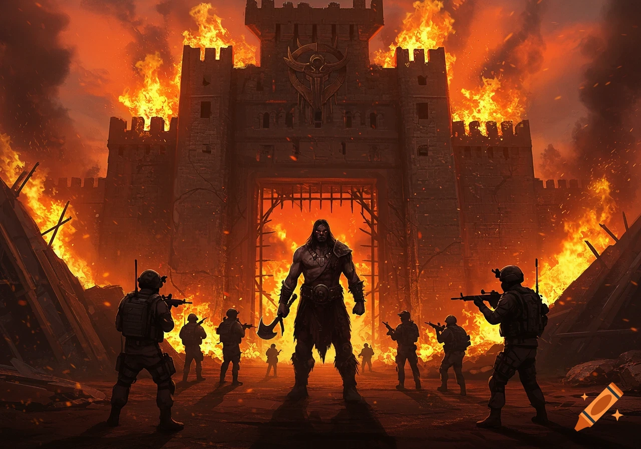 A muscular barbarian with an axe stands before a burning fortress, facing a line of modern military soldiers.