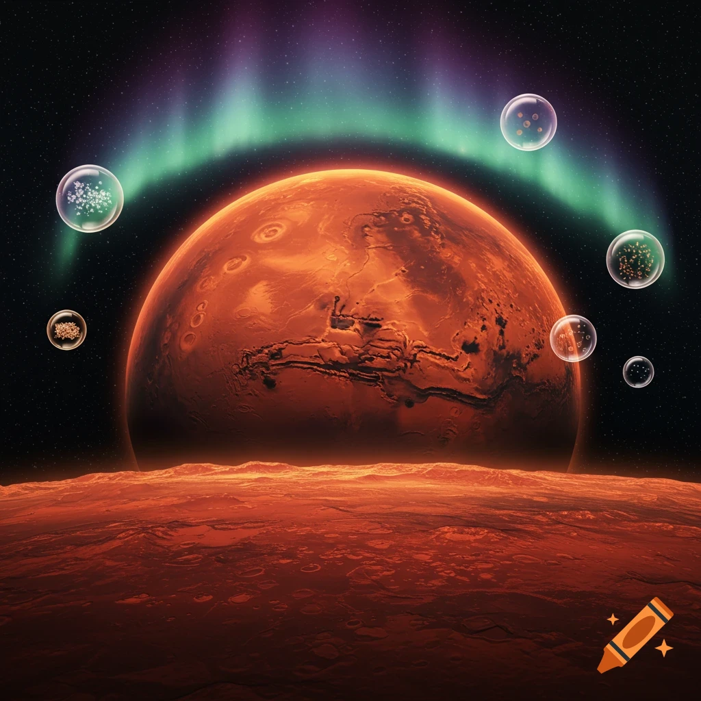 Red planet Mars with a textured surface under a green and purple aurora in space, surrounded by scientific bubbles.