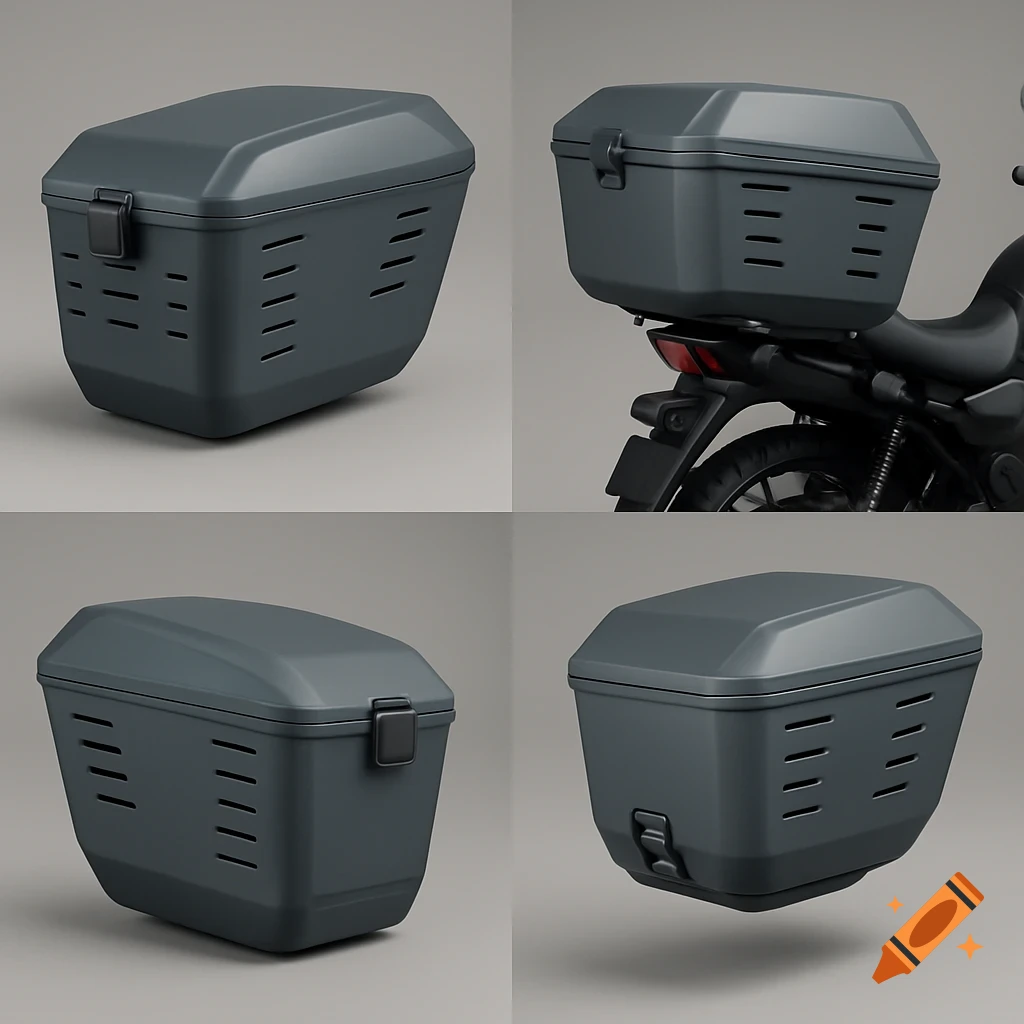 Four photorealistic views of a dark grey motorcycle storage box, one mounted on the rear of a motorcycle.