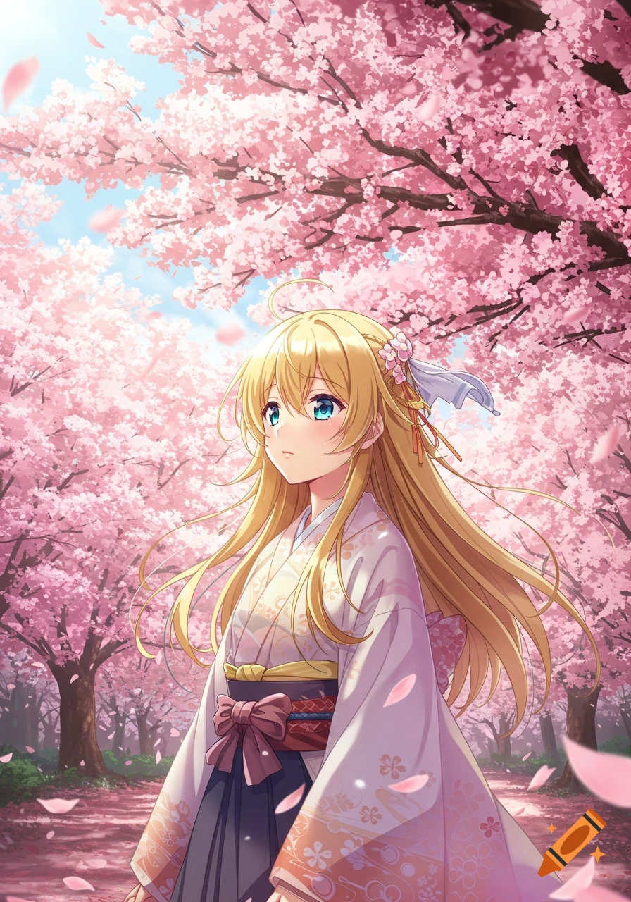 Anime girl with long blonde hair and blue eyes, wearing a white kimono, stands under blooming pink cherry blossom trees.