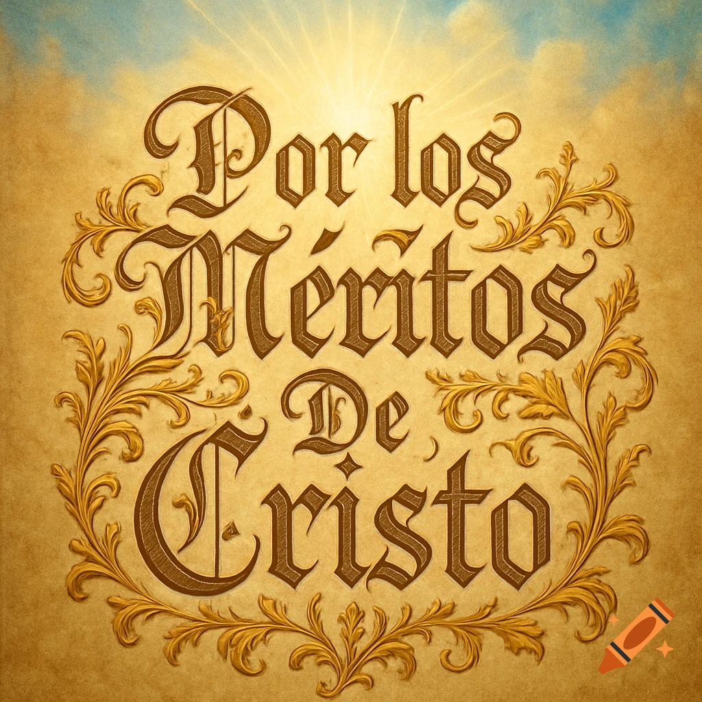 Ornate gold gothic text 'Por los Méritos De Cristo' framed by golden foliage with divine light from above.
