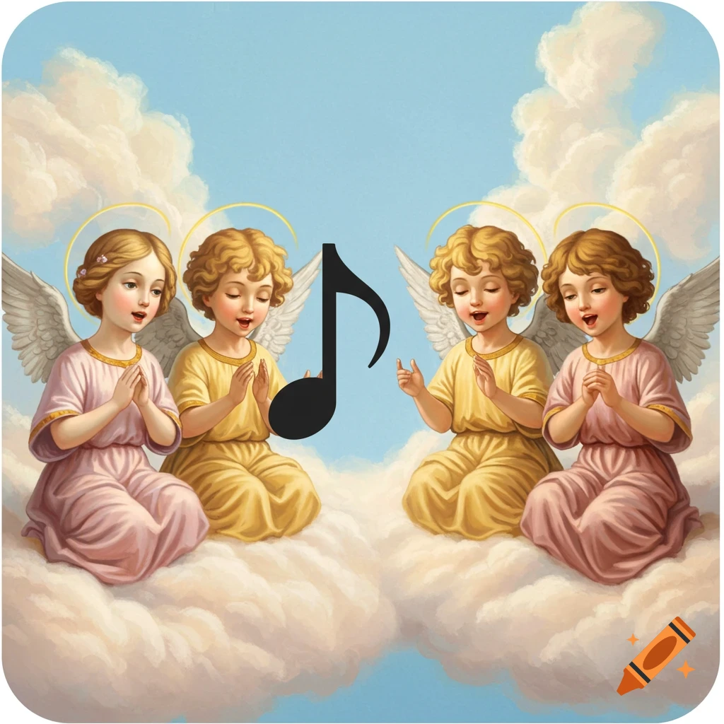 Four angelic children with wings and halos sit on clouds, flanking a large black musical note against a blue sky.