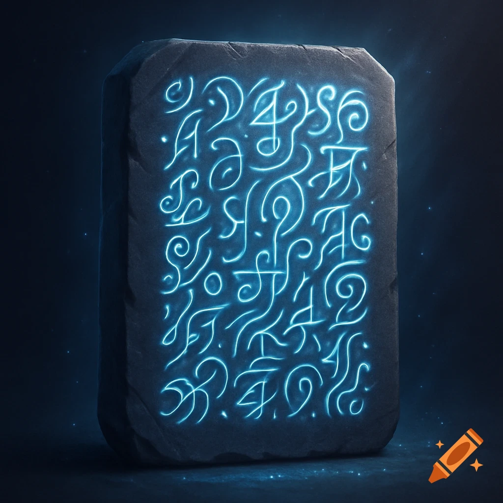 A dark, rectangular stone tablet with glowing blue magical glyphs carved into its surface.