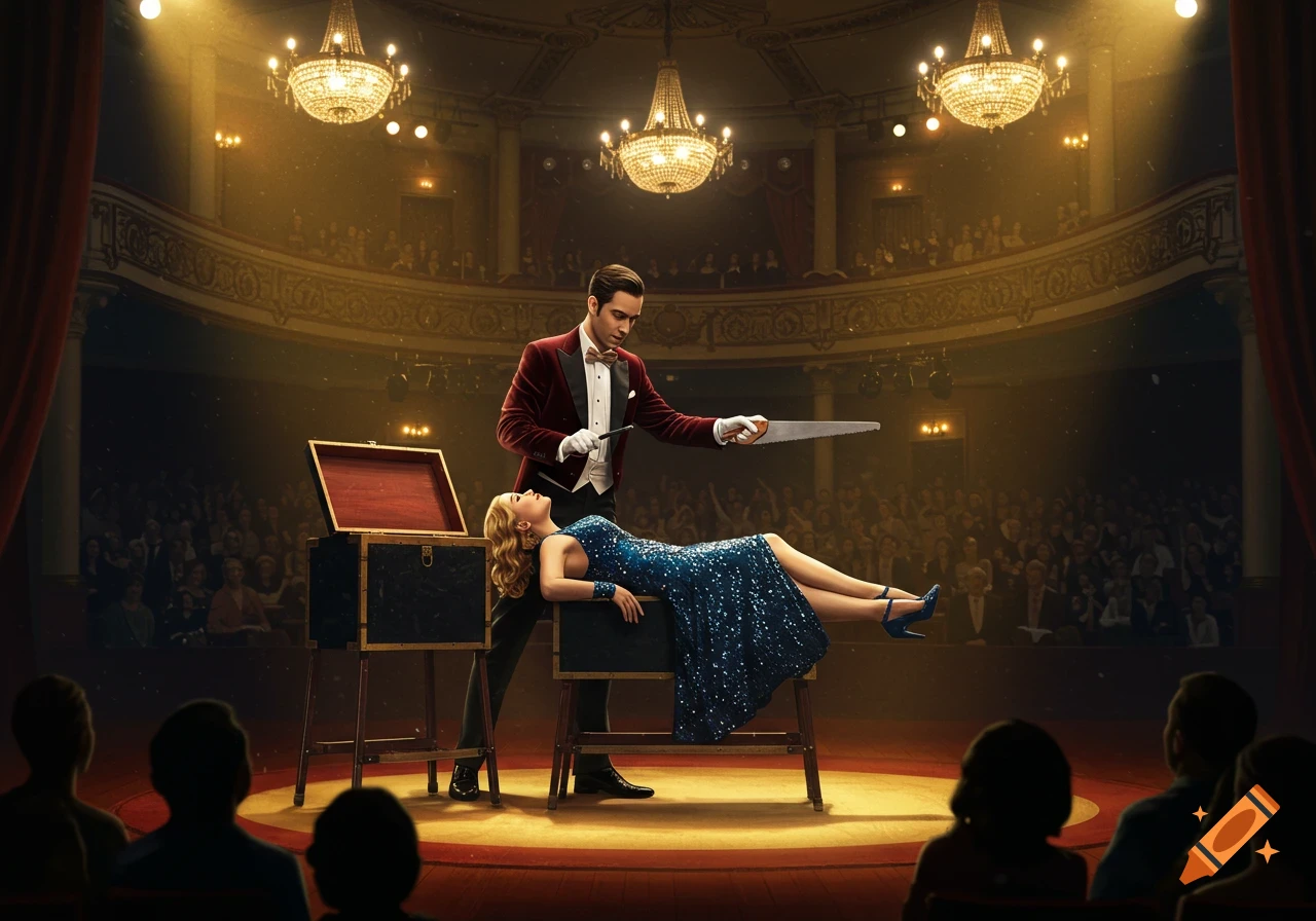 A magician in a tuxedo performing the sawing a lady in half illusion on stage in a grand theater with an audience.