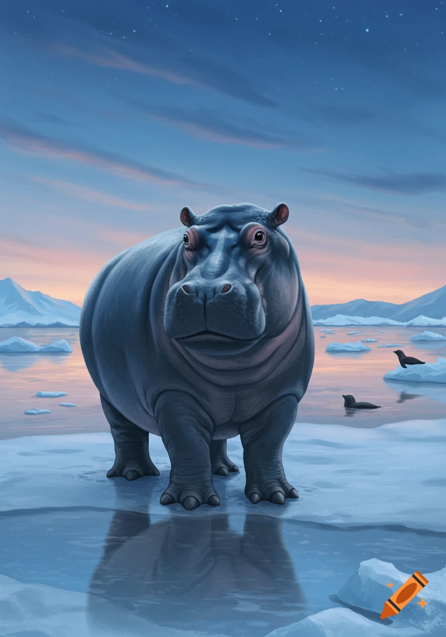 An illustrated hippo-like creature stands on an icy surface with seals and icebergs at twilight.