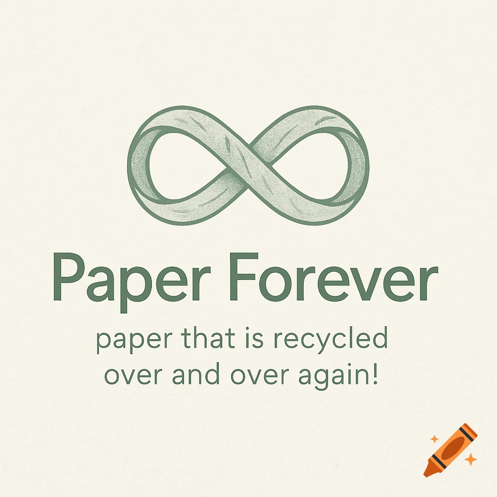 Green infinity symbol logo above text 'Paper Forever' and slogan about recycled paper on a cream background.