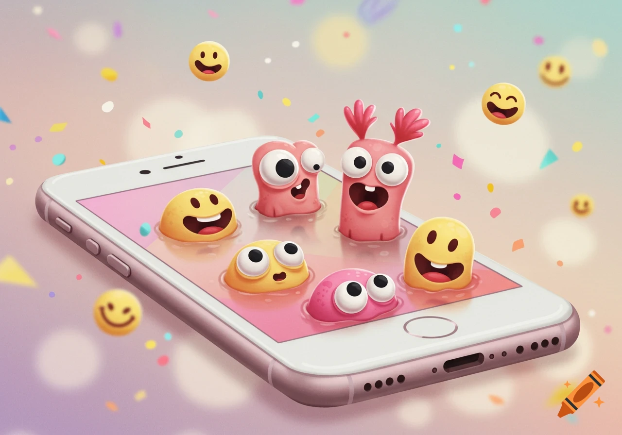 A 3D illustration of an iPhone with cartoon blob monsters and smiley emojis in pink liquid, surrounded by confetti.