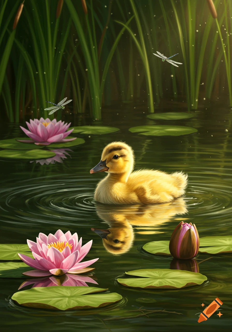 A fluffy yellow duckling swims in a vibrant pond with pink water lilies, lily pads, green reeds, and dragonflies flying, digital painting.