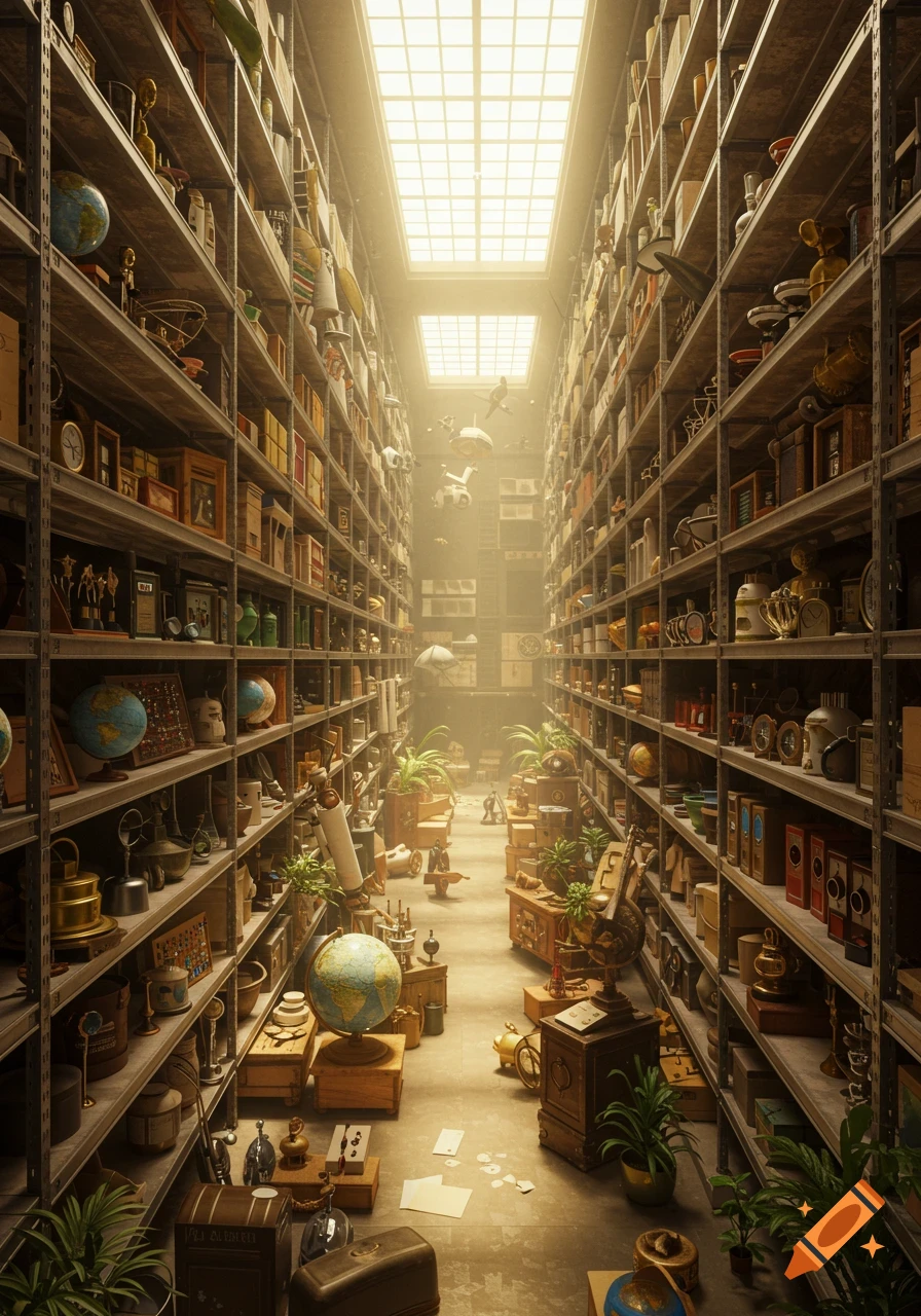 A vast, brightly lit warehouse aisle packed with shelves full of countless diverse objects, globes, and crates, with items floating in the distance.