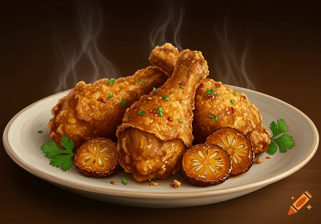 A plate of golden-brown fried chicken drumsticks with herbs, accompanied by sliced duku fruit, emitting steam against a dark background.