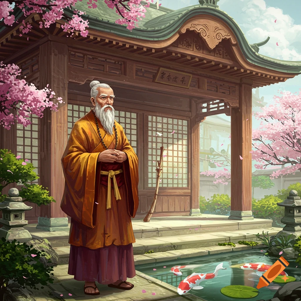 An old man with a white beard and yellow robe stands in a traditional Asian garden with a temple, cherry blossoms, and a koi pond.