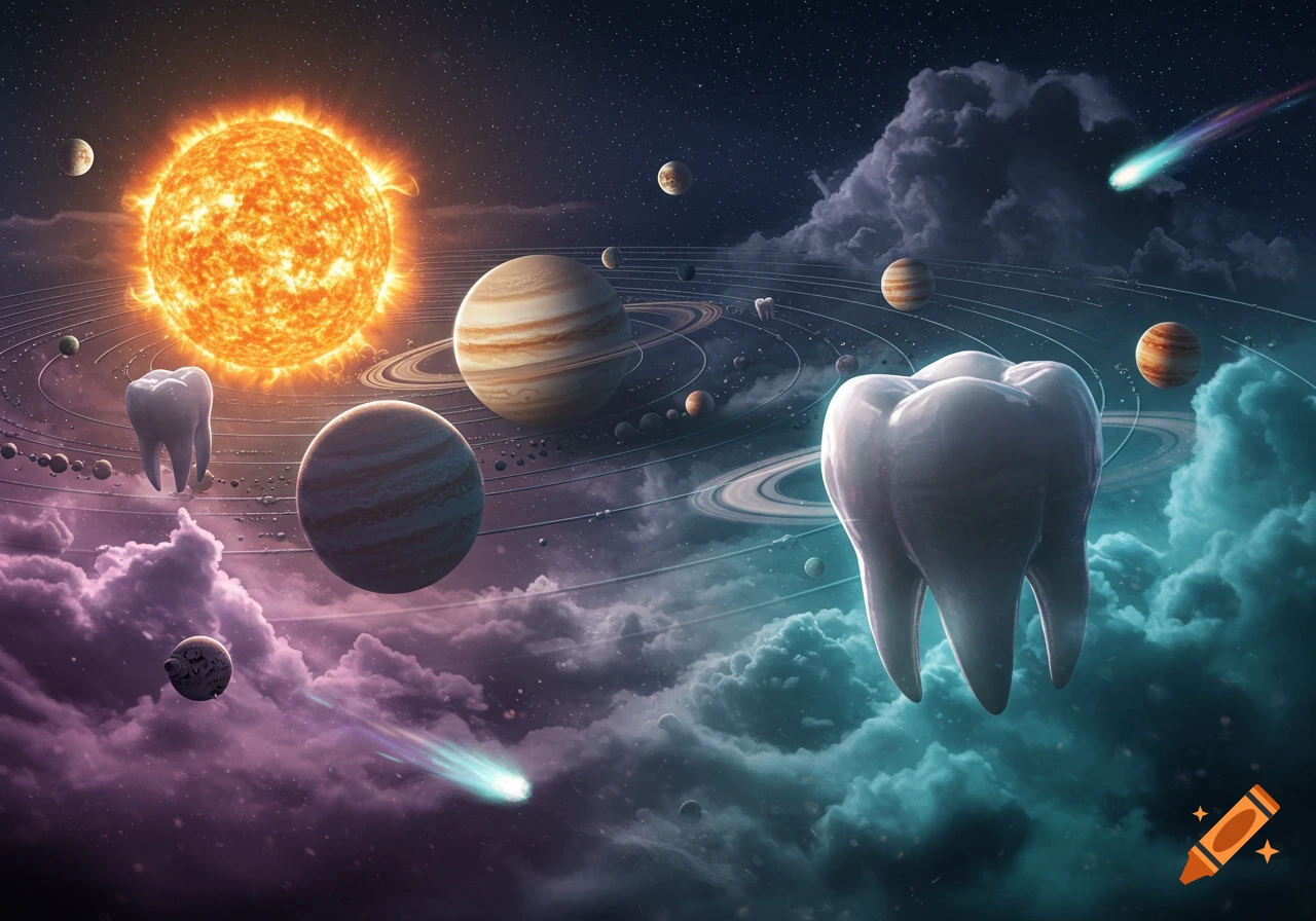 A surreal solar system with a glowing sun, ringed planets, comets, and large human molars floating as celestial bodies.