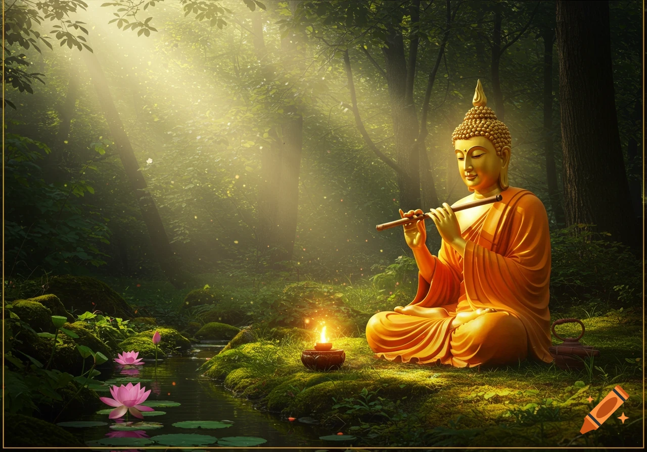 A golden Buddha statue plays a flute in a serene, sunlit forest with lotus flowers in a stream and a glowing lamp.