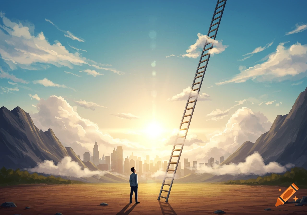 A person stands in a desolate landscape, looking up at a giant ladder reaching into the bright sky above a city skyline and mountains, in an illustrative style.