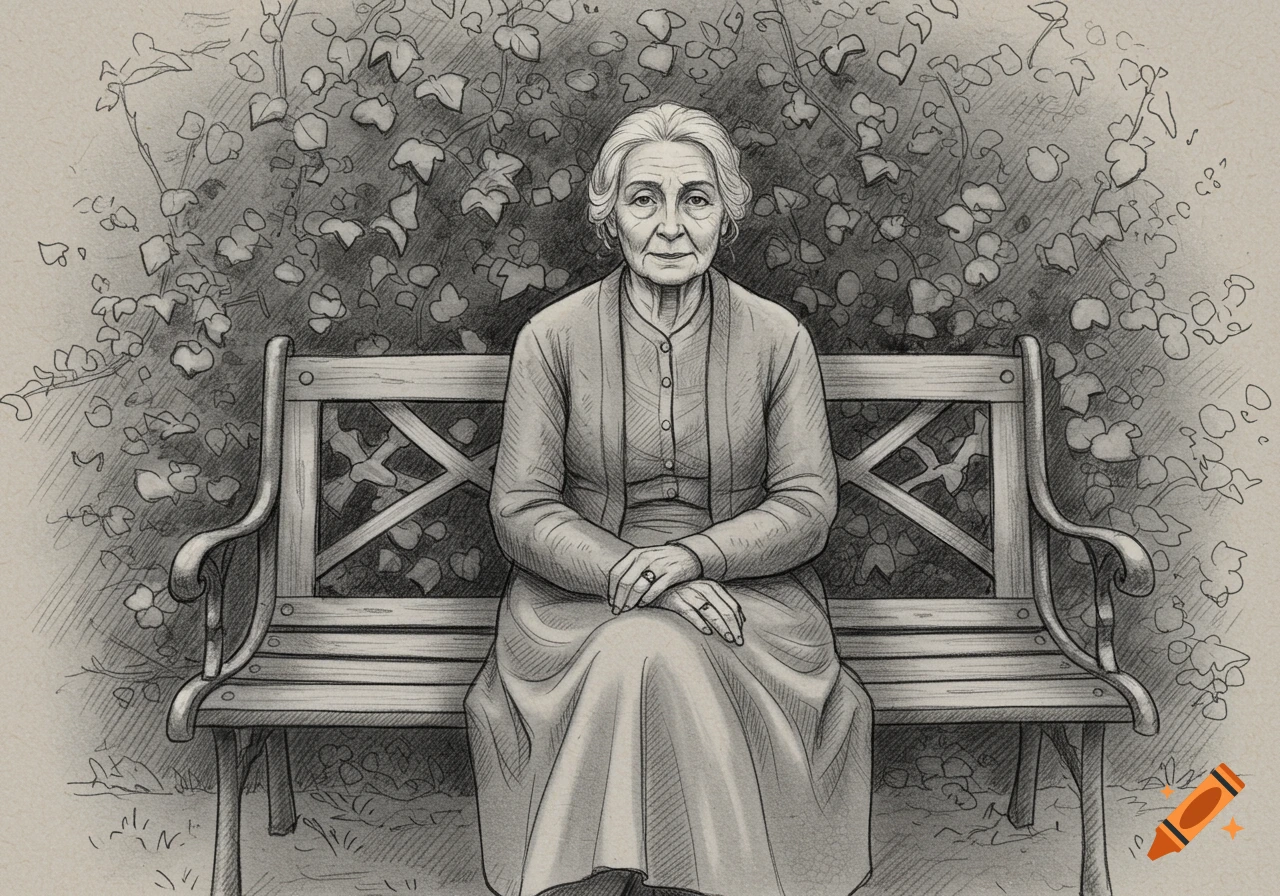 A detailed pencil drawing of an elderly woman with white hair, wearing a dress and cardigan, sitting on a park bench surrounded by ivy.
