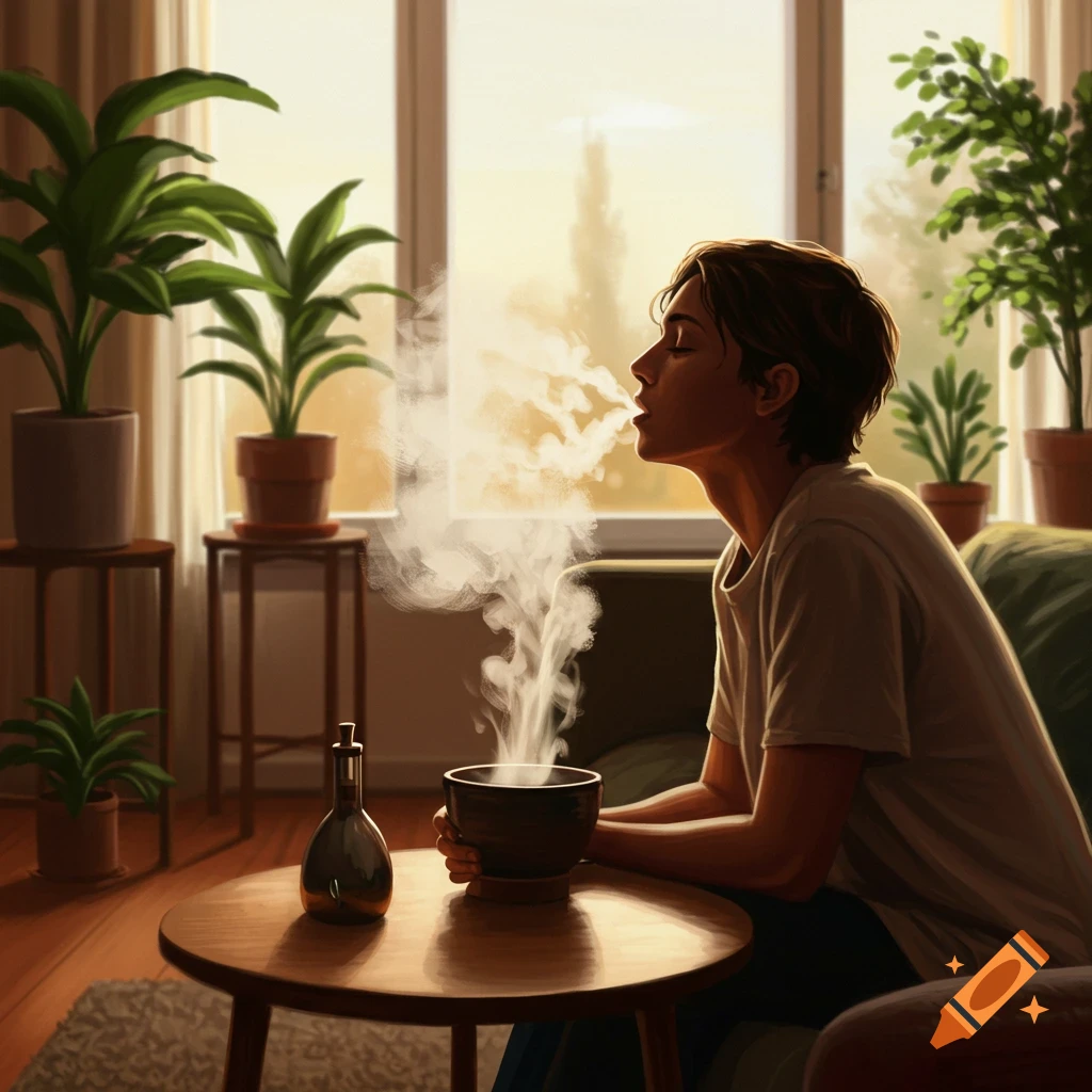 A person inhales steam from a bowl in a sunlit room filled with houseplants, digital painting.
