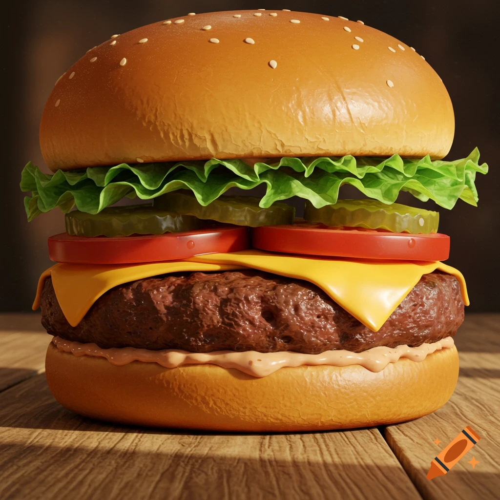 Close-up photorealistic cheeseburger with lettuce, pickles, tomato, cheese, and sauce on a wooden surface.