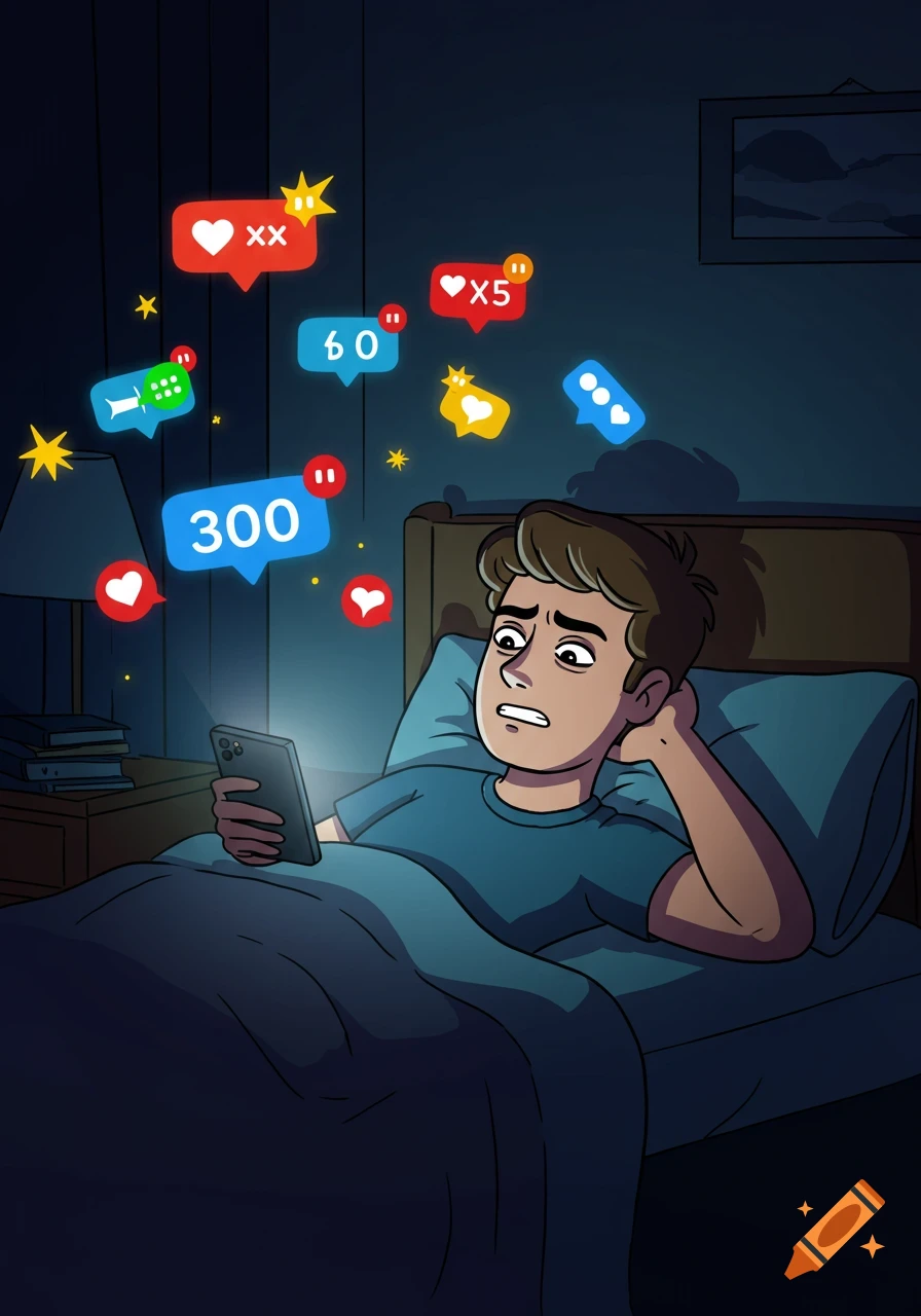 A stressed cartoon man lies in bed at night, looking at his phone glowing with numerous social media notification icons floating around him.