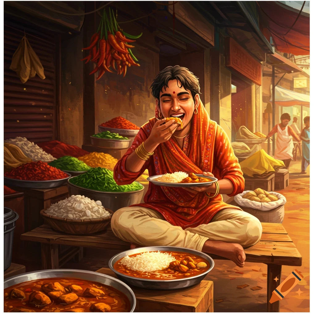 A person in traditional Indian attire joyfully eats a meal at a vibrant market stall, surrounded by colorful spices and food. Stylized illustration.