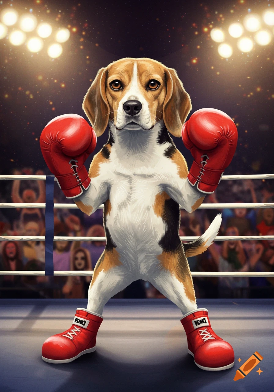 A cartoon beagle dog in red boxing gloves and boots stands in a boxing ring with a blurred audience.