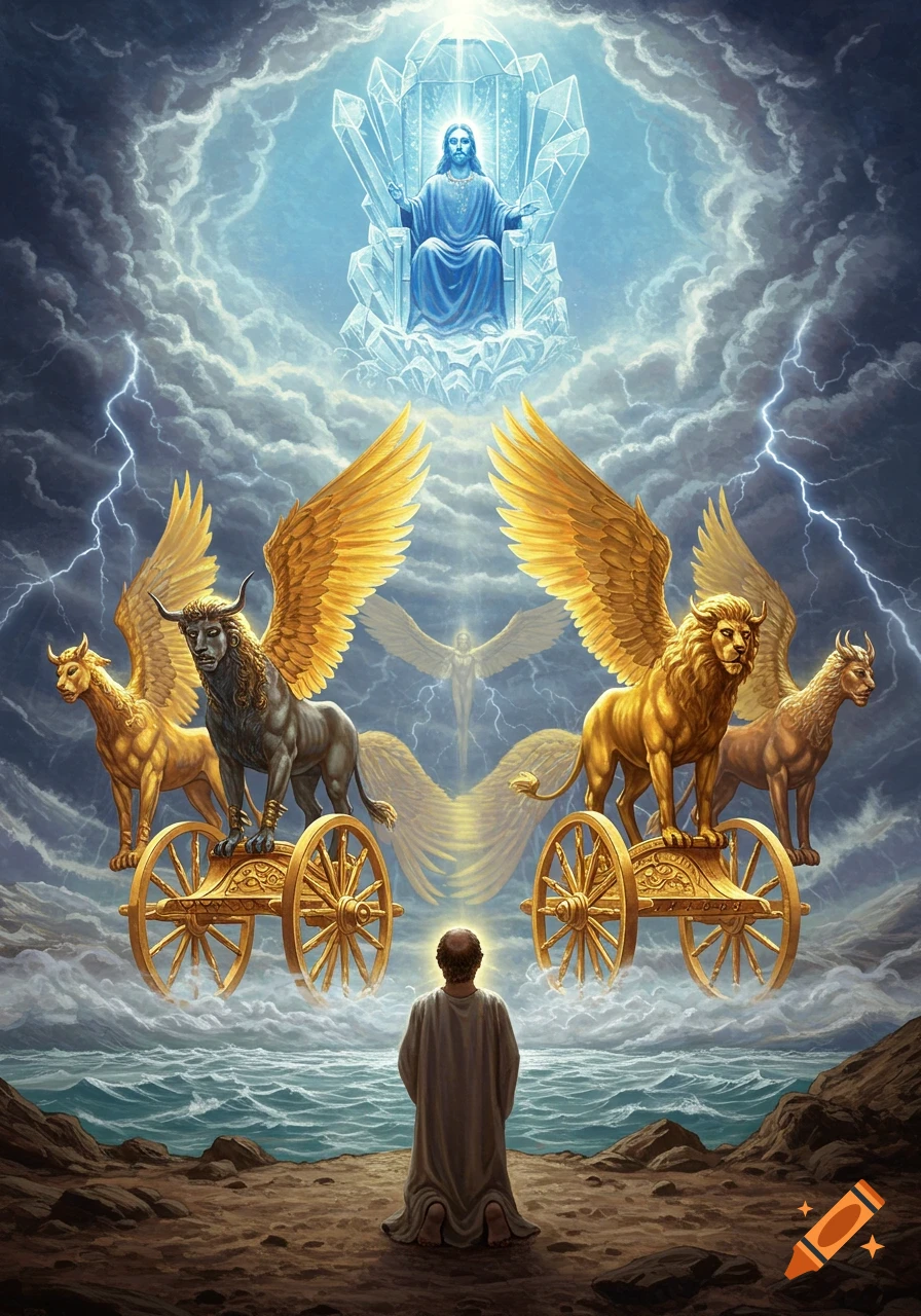 A man kneels on a rocky shore, looking up at a divine vision in a stormy sky. Above him are winged creatures on golden chariots, and higher, a figure on a crystal throne amidst bright clouds and lightning.
