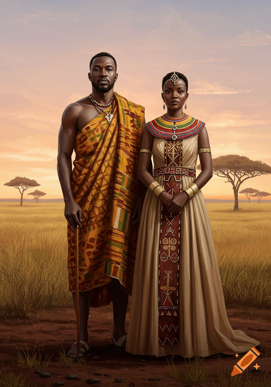 A man and woman in vibrant traditional African attire stand in a savanna landscape, a realistic illustration.