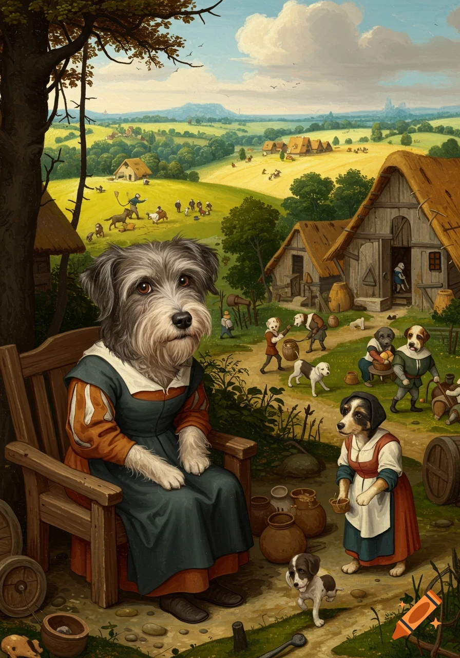 A Pieter Bruegel-inspired painting of anthropomorphic dogs in a detailed rural village. A mother dog sits on a bench, a younger dog stands, with many dogs working in the background.