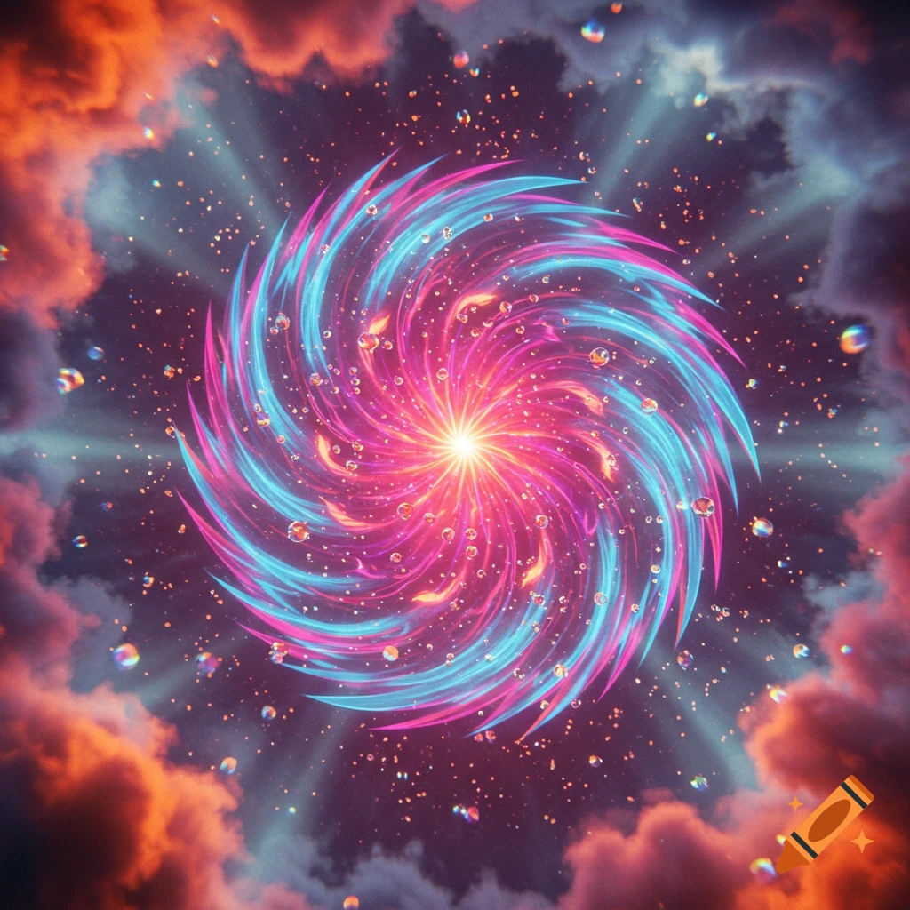 Vibrant abstract digital art of a swirling pink and blue neon vortex, surrounded by orange clouds and sparkling particles.