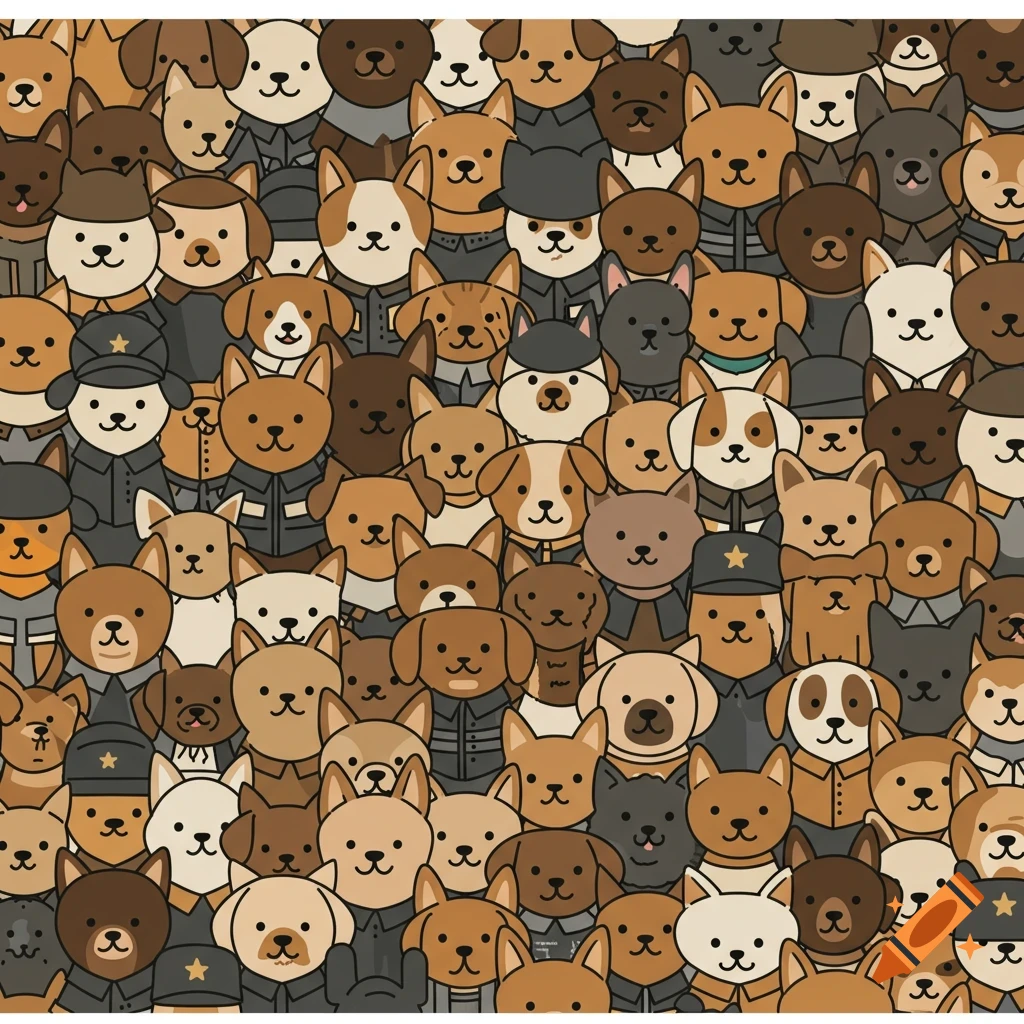 A seamless pattern of diverse cartoon dogs, many wearing military-style uniforms, filling the entire frame.