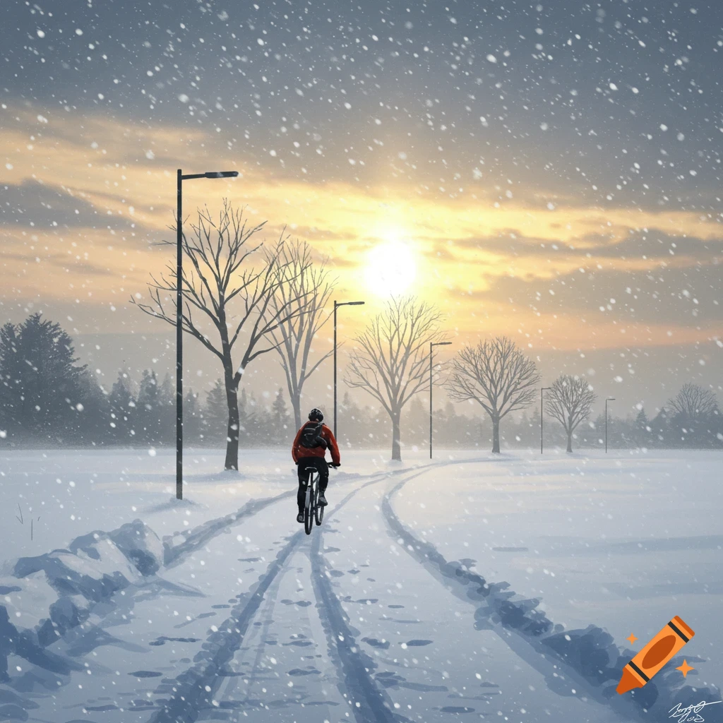 A person in a red jacket rides a bicycle down a snowy path, lined with bare trees, under a bright low sun during a snowfall.