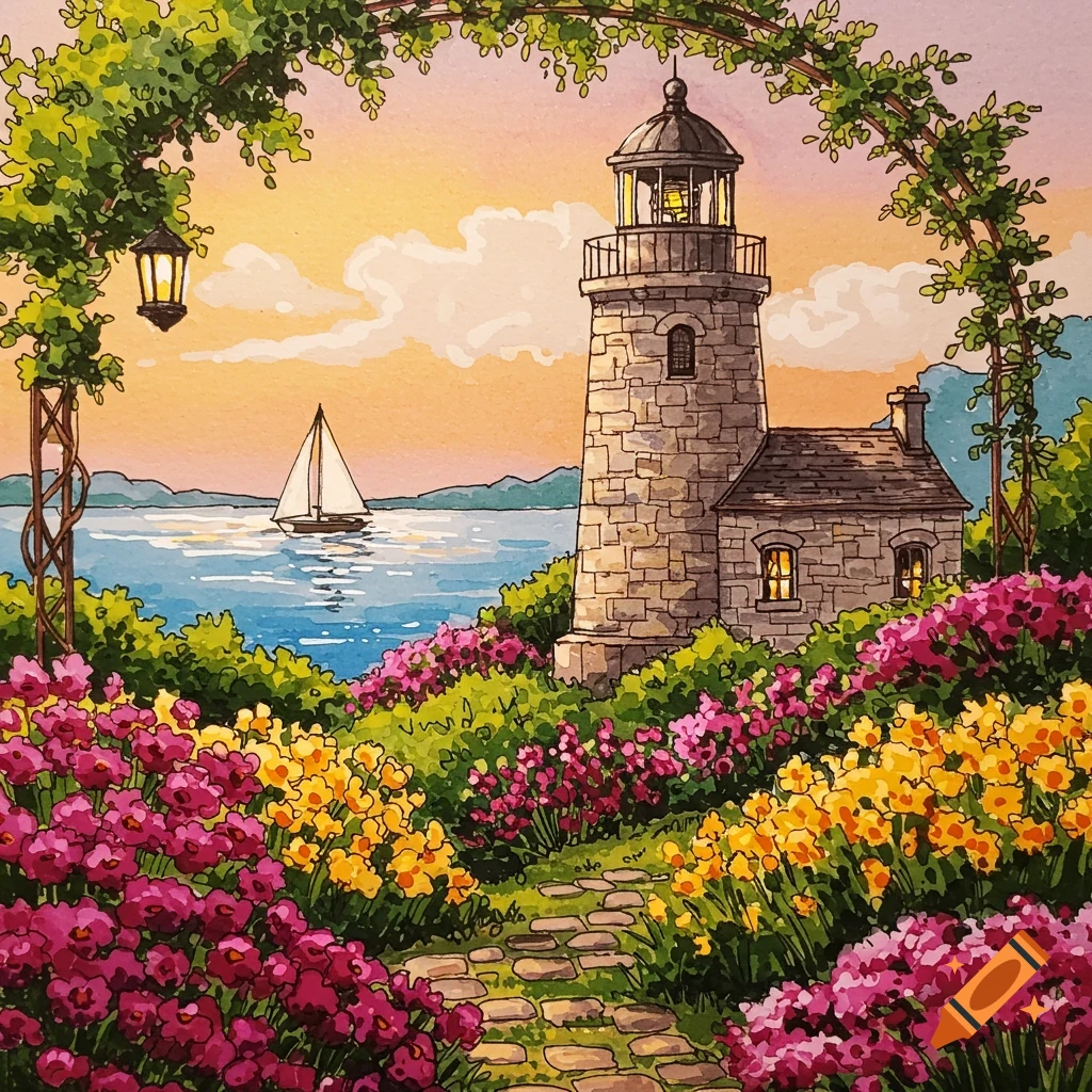 A vibrant illustration of a stone lighthouse on a flowery cliff overlooking the sea with a sailboat, under a sunset sky.