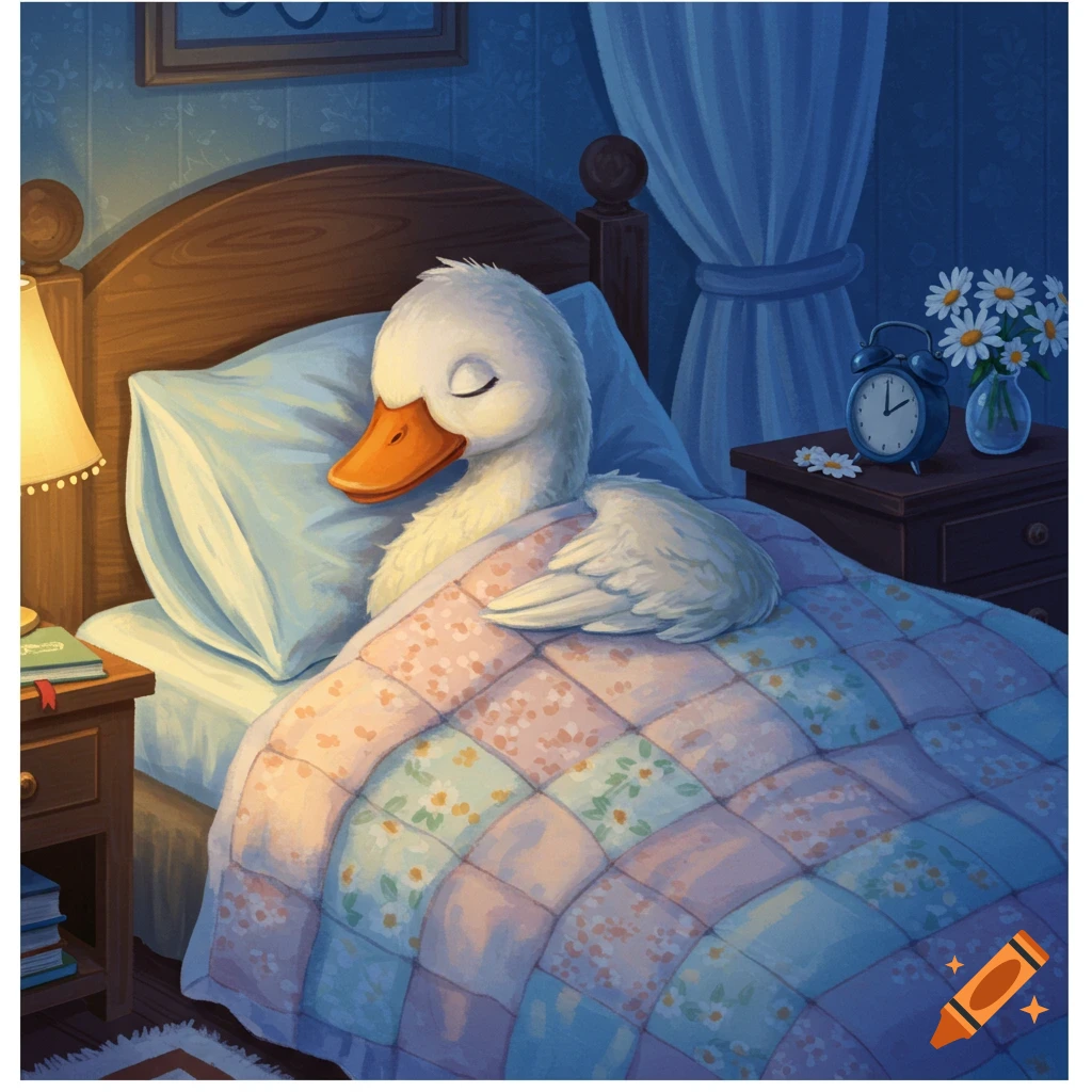 An illustrated white duck peacefully sleeps in a cozy bed under a colorful patchwork quilt, with a lamp and alarm clock nearby.