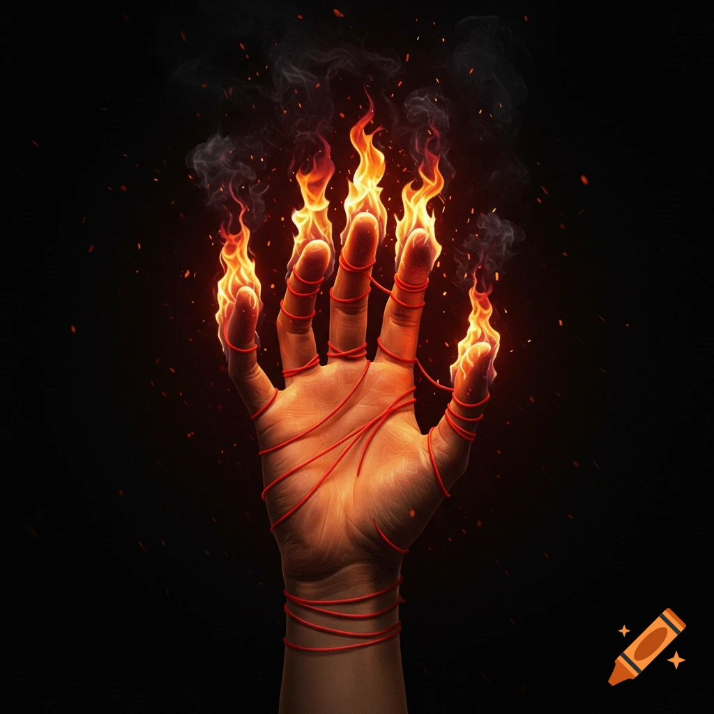 A human hand wrapped in red thread, burning with flames and smoke against a black background.