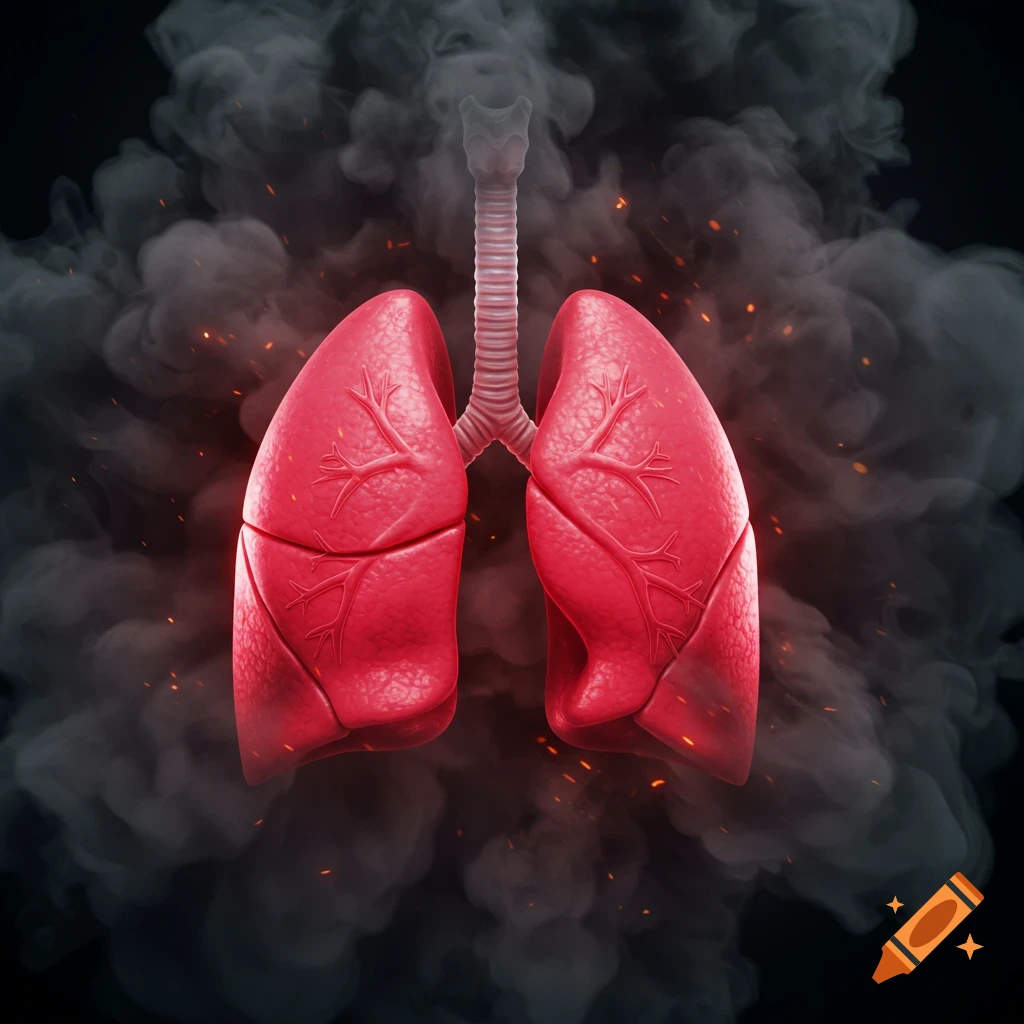 Realistic red human lungs engulfed in dark smoke and glowing embers on a black background.