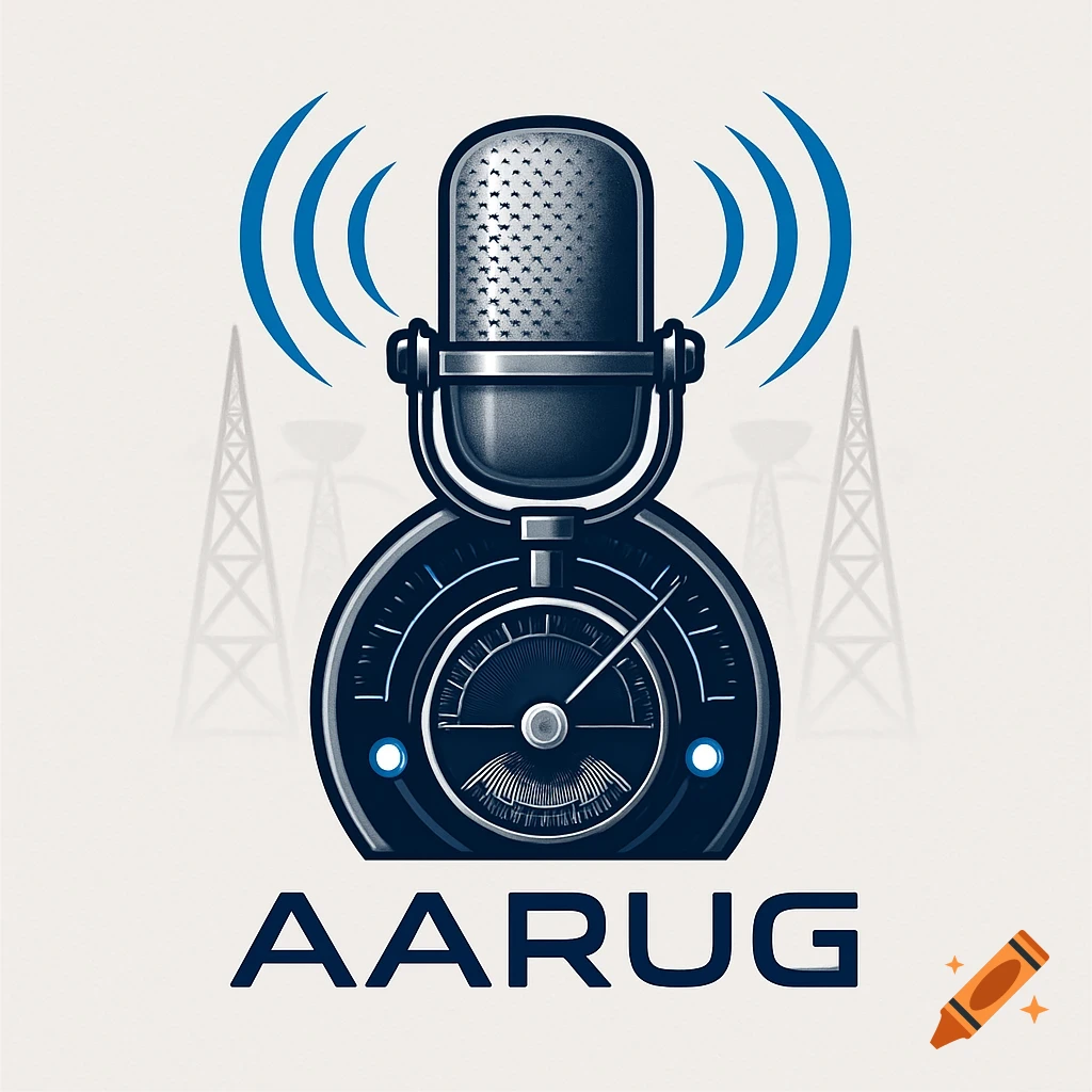 A stylized logo featuring a dark blue microphone with blue sound waves above a radio dial, with the word AARUG below. Faint radio towers are in the background.