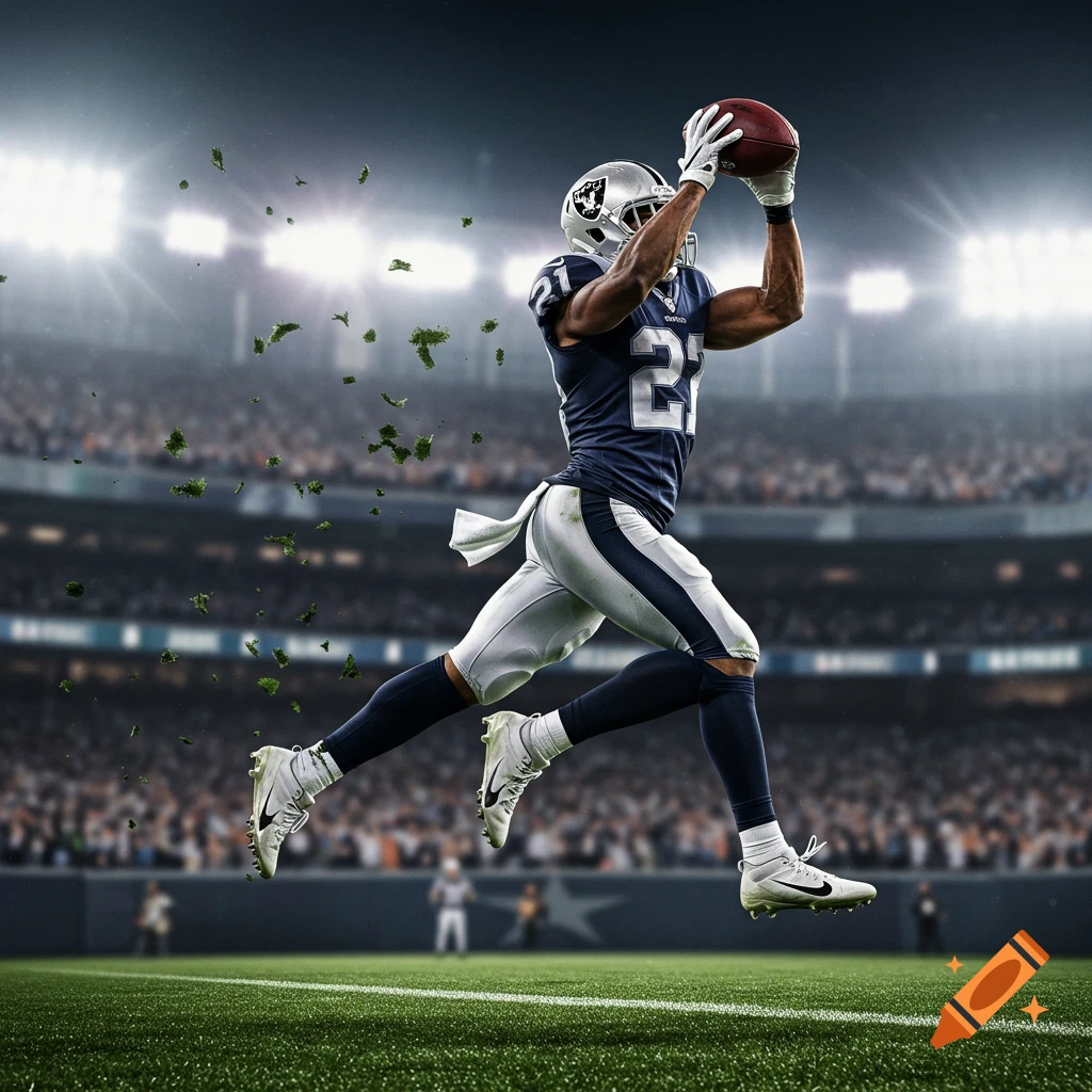 A photorealistic NFL player in a navy and white uniform leaps to catch a football in a brightly lit stadium.
