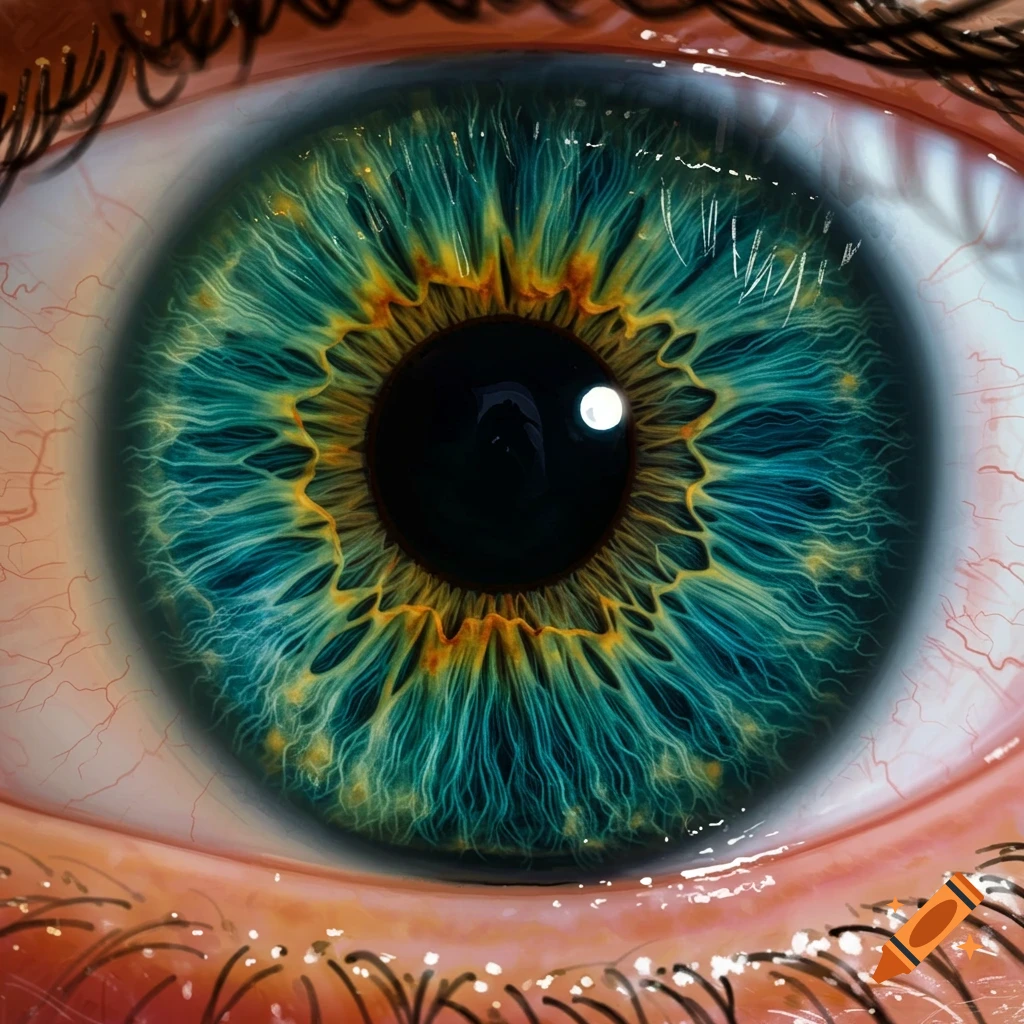 A highly detailed, photorealistic close-up of a human eye with a vibrant teal and golden iris, and a dark pupil.