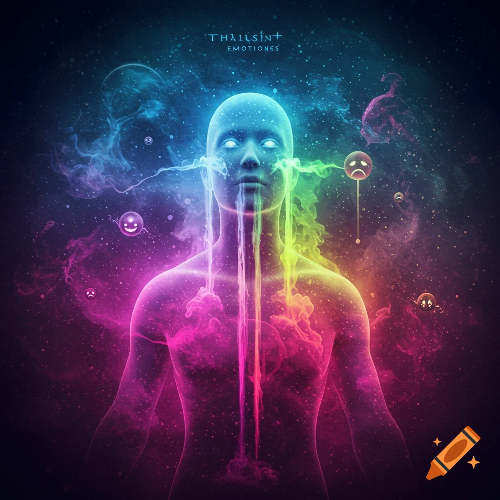 A glowing, translucent human figure with streams of colorful energy and smoke, surrounded by floating emotion icons in a starry cosmic background.