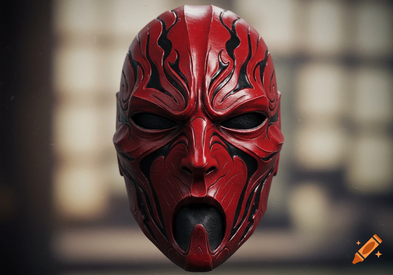 A detailed cherry red mask with intricate black flame patterns and hollow eye and mouth openings, set against a blurred background.