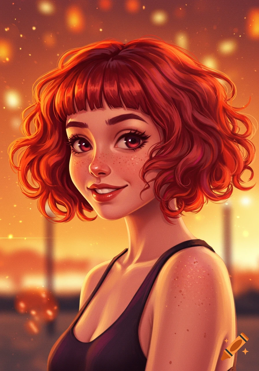 Stylized portrait of a smiling young woman with short curly red hair ...