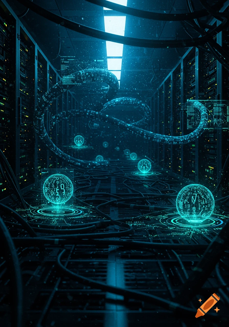 A futuristic server room with glowing blue data spheres, intricate cables, and servers, bathed in cool blue light.