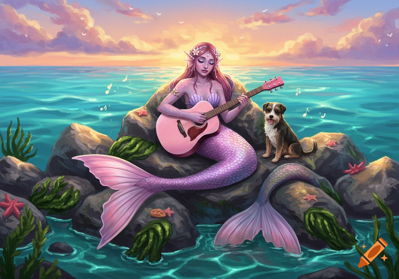 Illustrated mermaid with pink and purple scales playing a pink guitar on rocks, next to a dog, by the ocean at sunset.