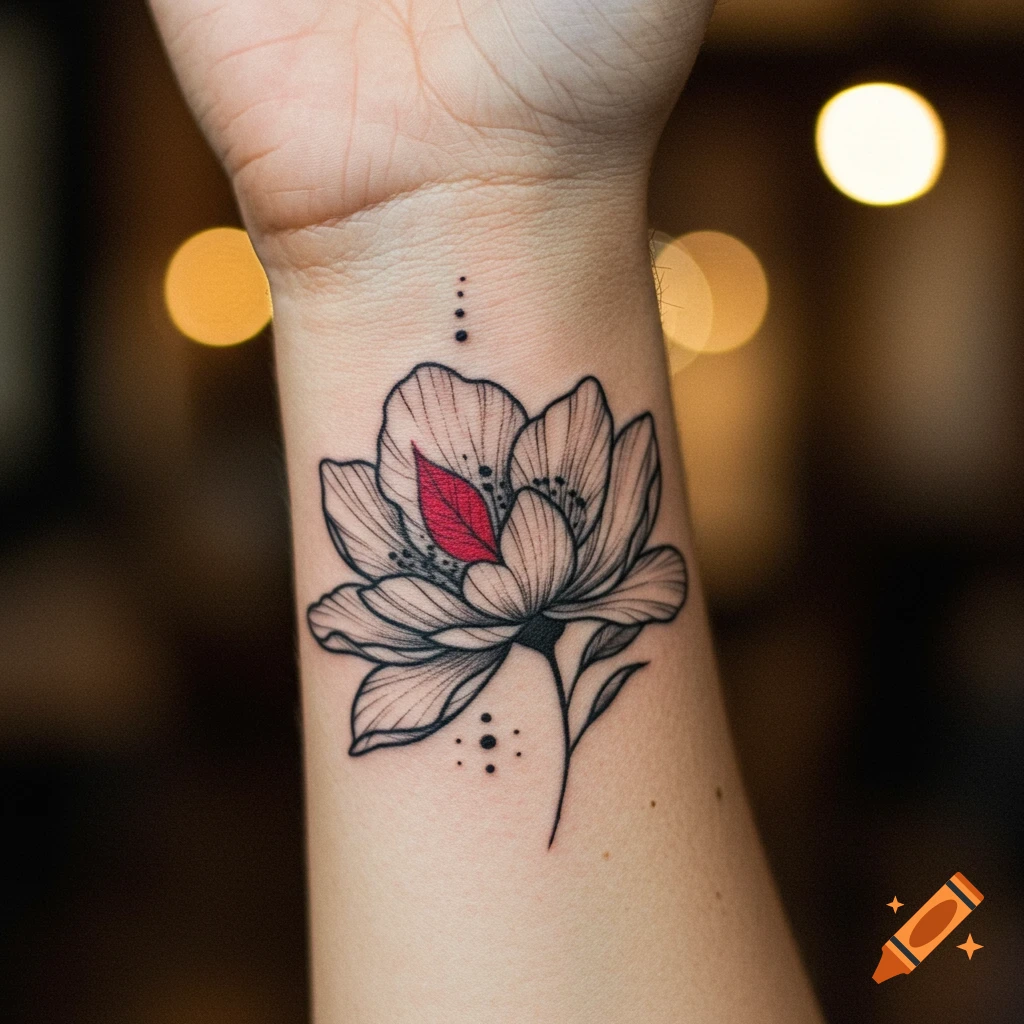 Close-up of a minimalist black outline flower tattoo with one red petal on a wrist, against a blurred bokeh background.