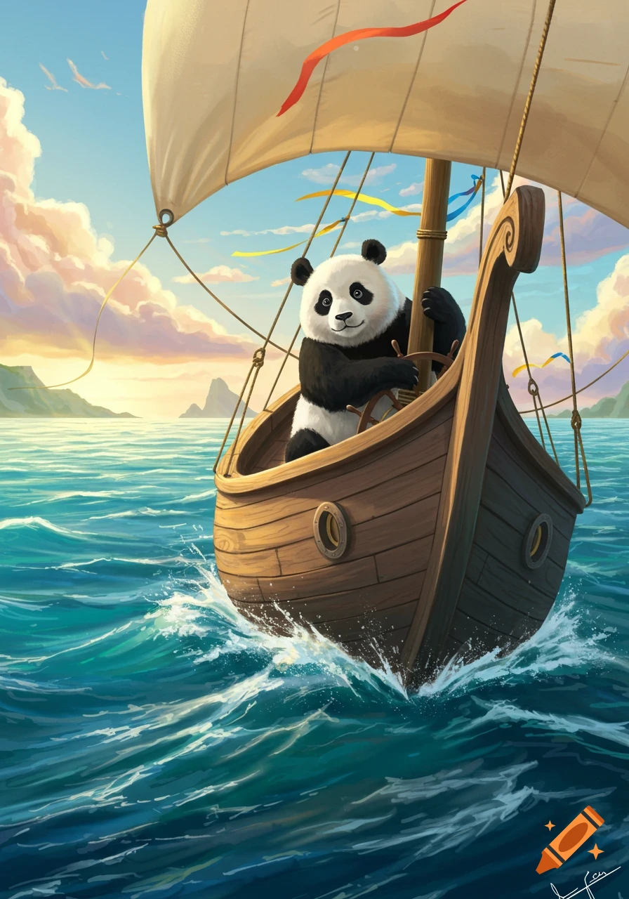 A happy panda steers a wooden sailboat on a wavy blue ocean under a colorful sky, in a vibrant illustration style.
