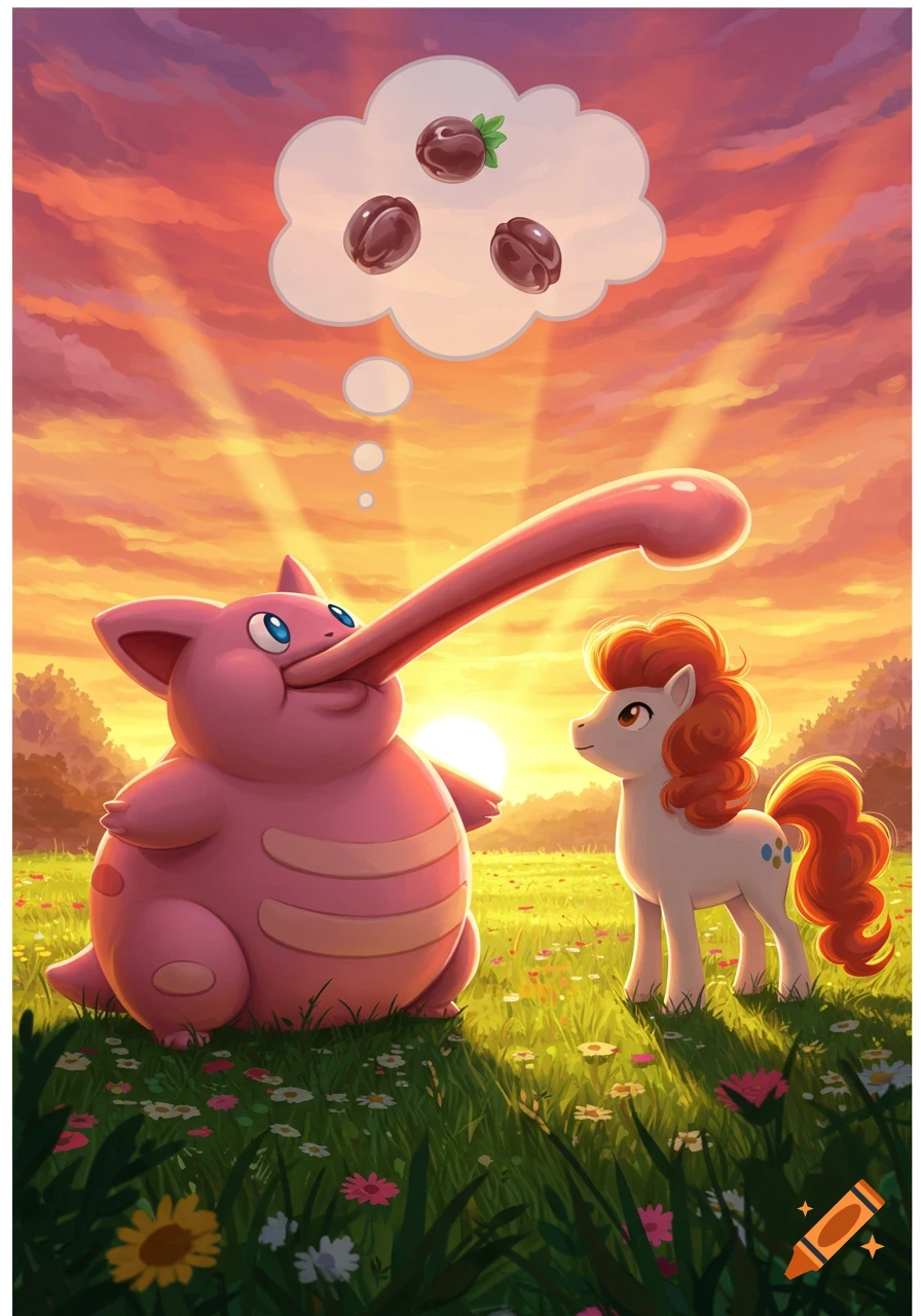 A pink Lickitung with a long tongue and a white Ponyta stand in a grassy field at sunset. Lickitung thinks of raisins.