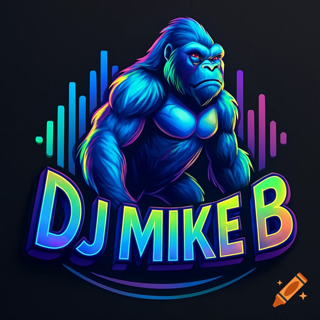 A vibrant 3D logo featuring a blue and purple gorilla with red eyes, standing in front of colorful equalizer bars, above the text "DJ MIKE B".